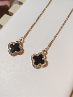 New Gold & Black Clover Dangle Drop Earrings with Accent Crystals